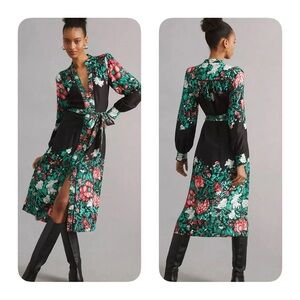 Anthropologie Black Floral Green Red Midi Shirt Dress Size XSP